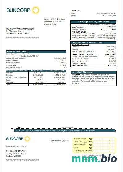 Australia Bank Suncorp wyciąg z kredytu hipotecznego szablon Word i PDF